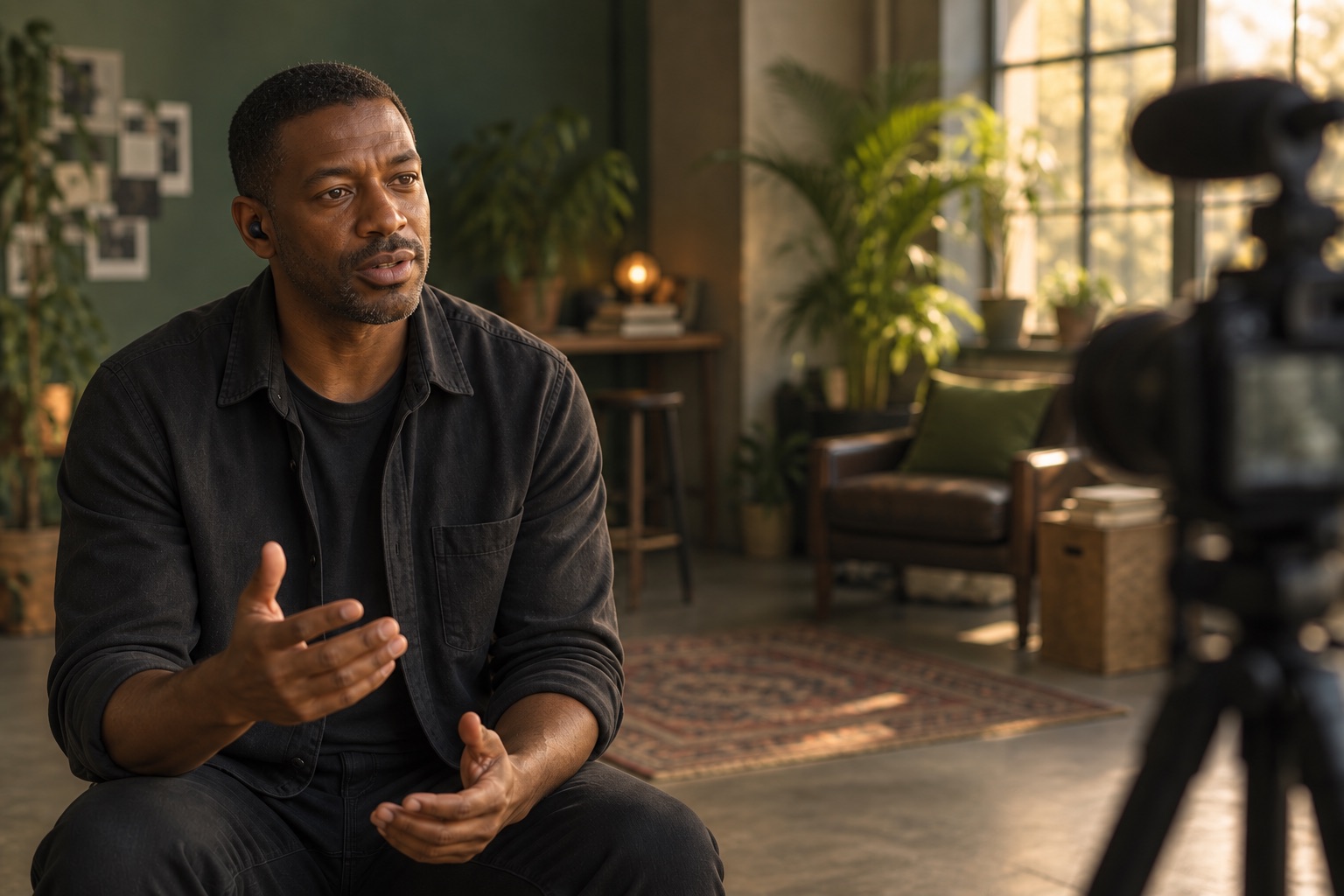 An actor rehearsing a camera read with a wireless earbud in a sunlit studio