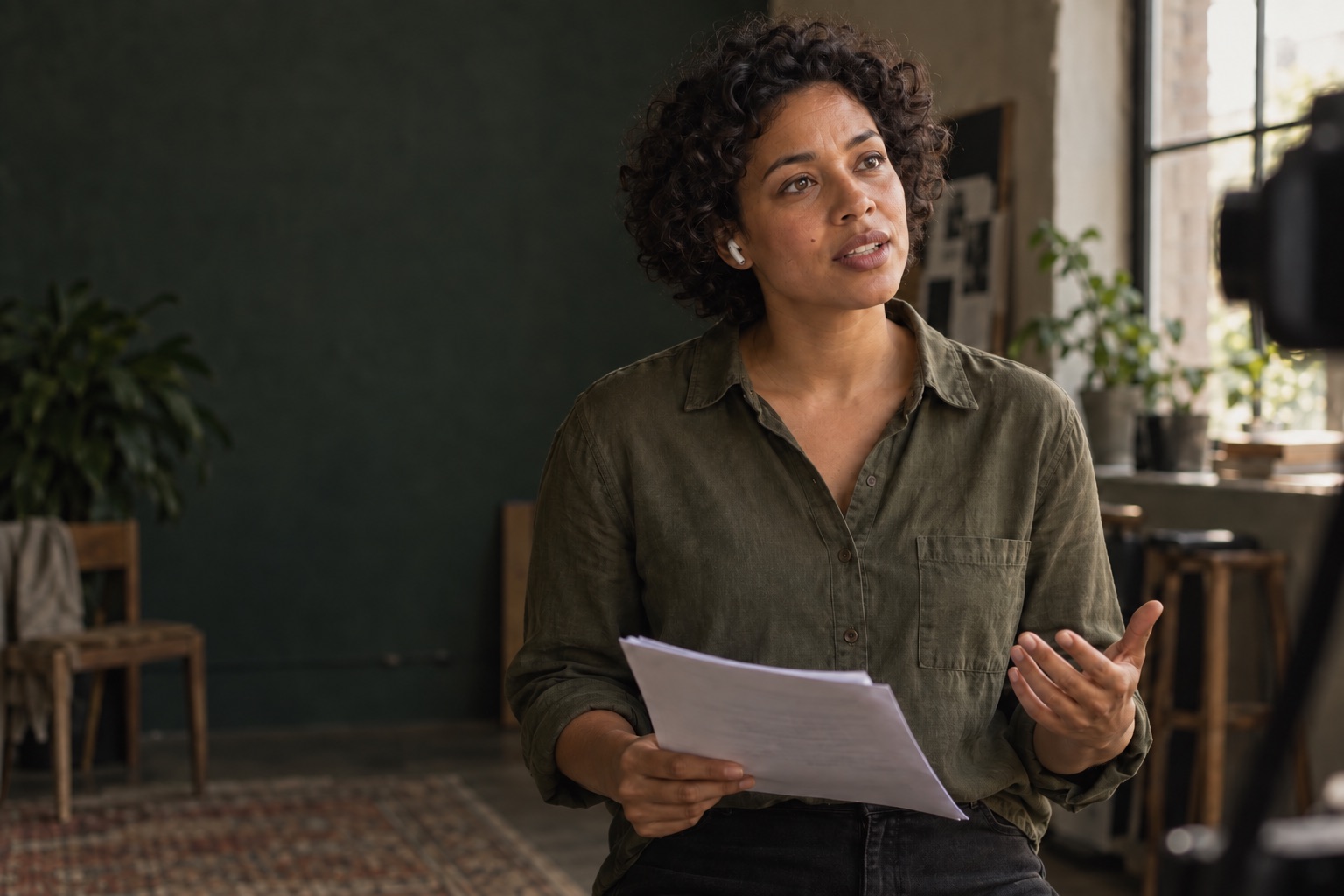 An actor holding a script and rehearsing toward a camera with a wireless earbud