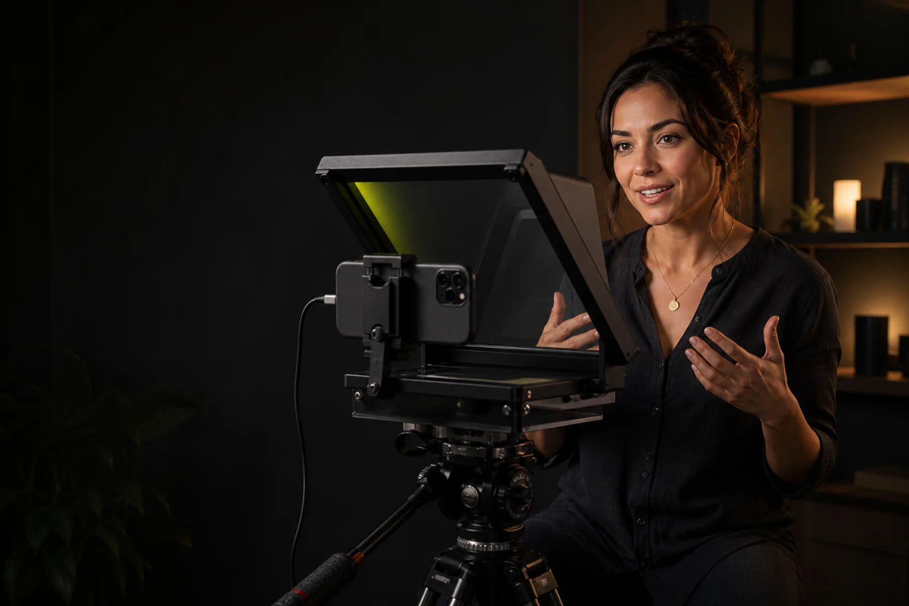 A creator speaking to camera through a teleprompter rig in a dark studio