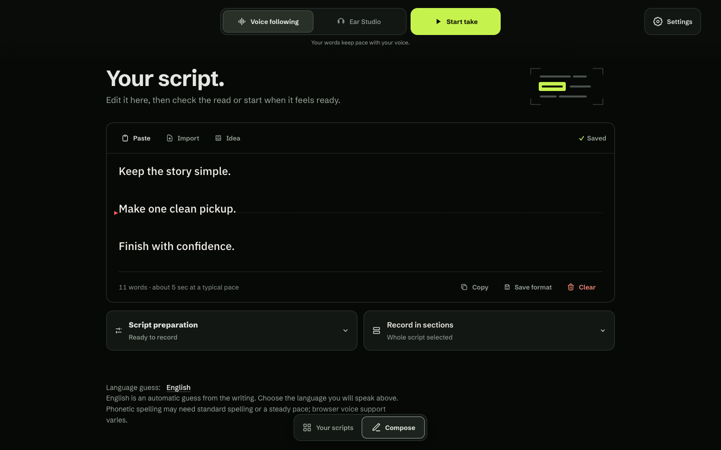 TellyPrompter Compose with Voice following, Ear Studio and Start take controls above a three-line script