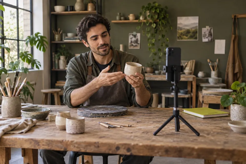 Illustration of a maker recording a ceramics tutorial with a phone on a tripod